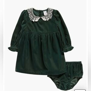 Lace Collar Long Sleeve Velvet Dress & Bloomers Set